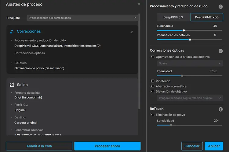 Ajustes de proceso en DxO PureRAW 6